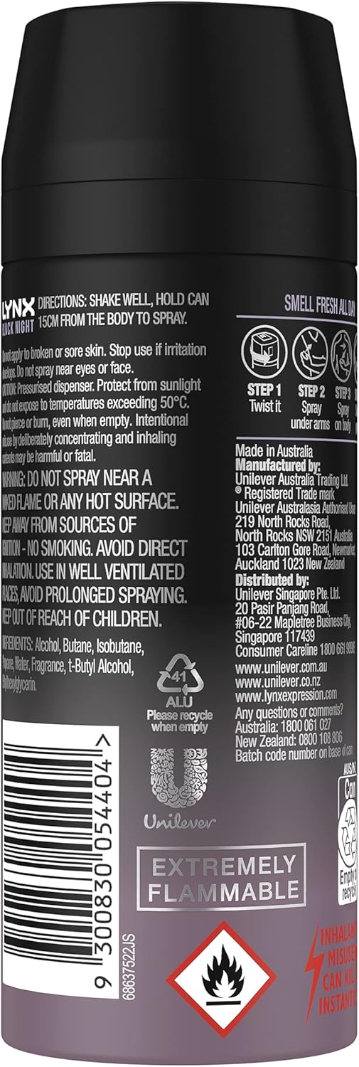 LYNX Black Night Deodorant Body Spray 165 ml (Pack of 3)