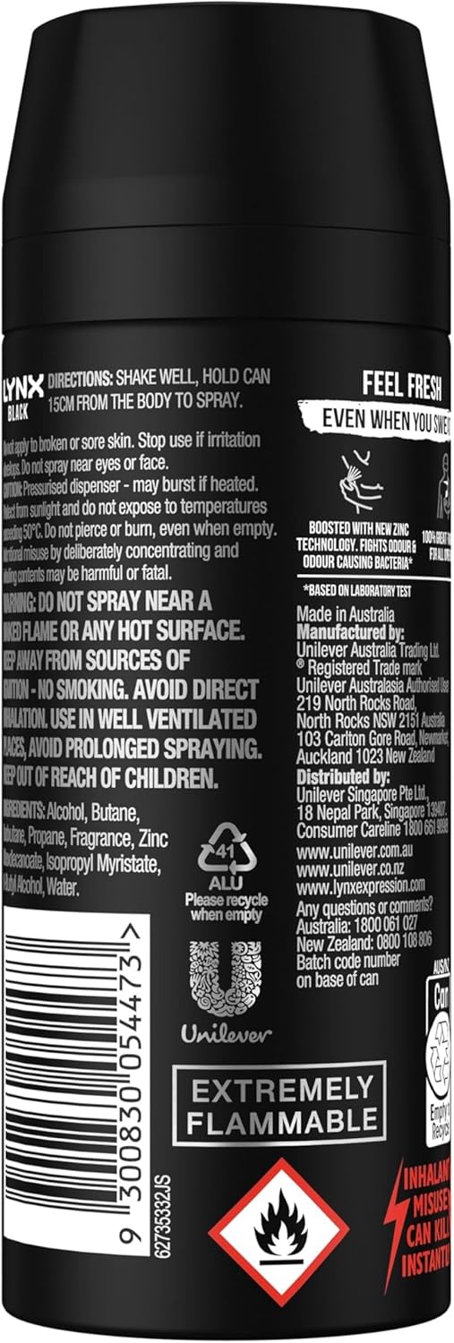 LYNX Black Night Deodorant Body Spray 165 ml (Pack of 3)