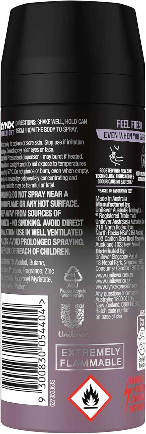 LYNX Black Night Deodorant Body Spray 165 ml (Pack of 3)