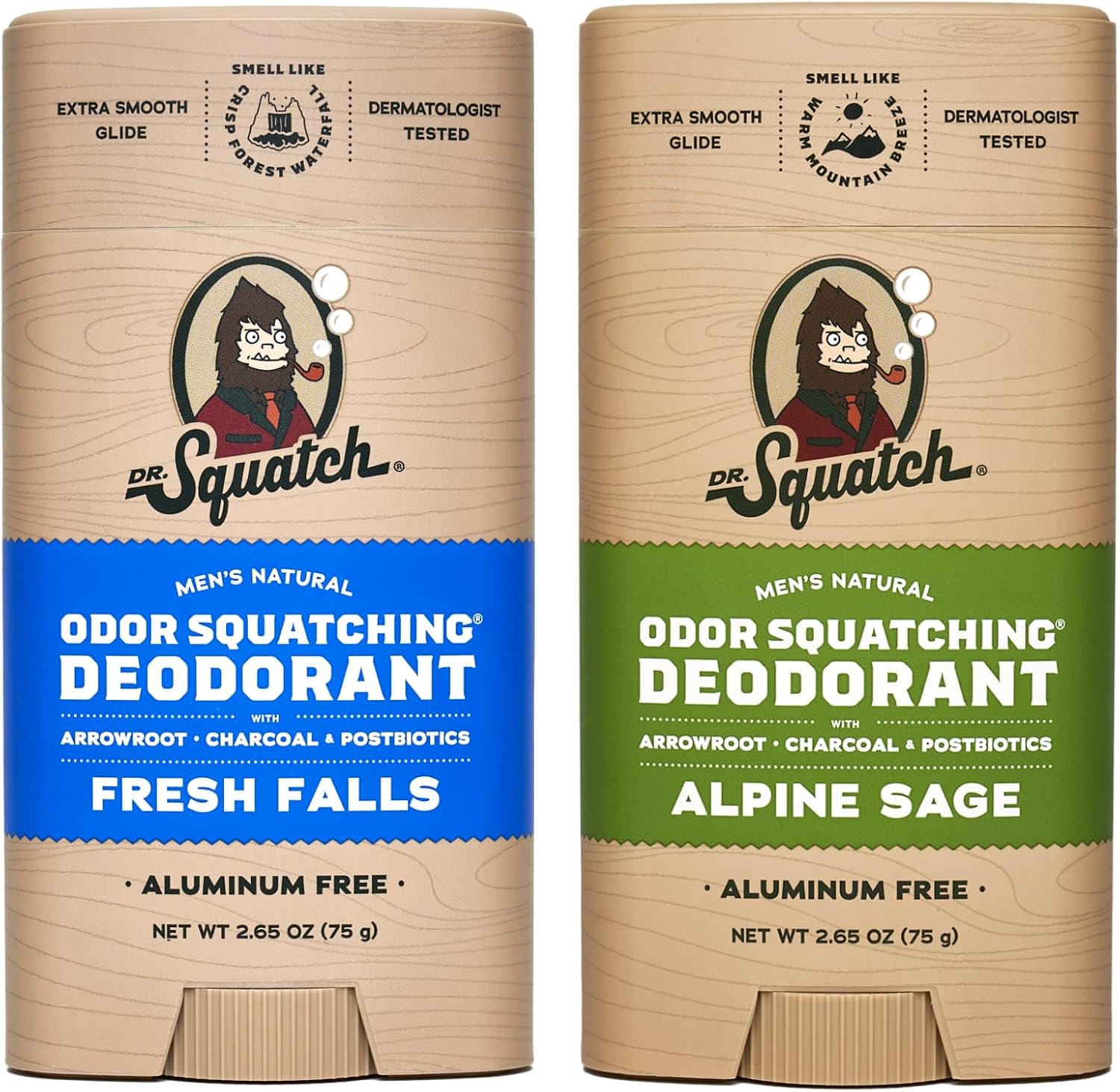 Dr. Squatch Natural Men’s Deodorant – Aluminium Free Natural Deodorant For Men with Charcoal & Postbiotics for 72-Hour Odor Protection – Alpine Sage & Fresh Falls, 75g Stick (2-pack)