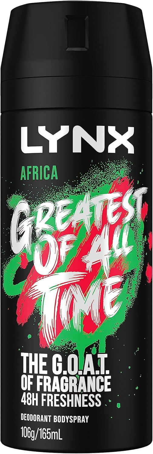 LYNX Africa Deodorant Aerosol Body Spray for Men 165 ML x 4 Pack, 48 hour Fressness, the G.O.A.T. of fragrance