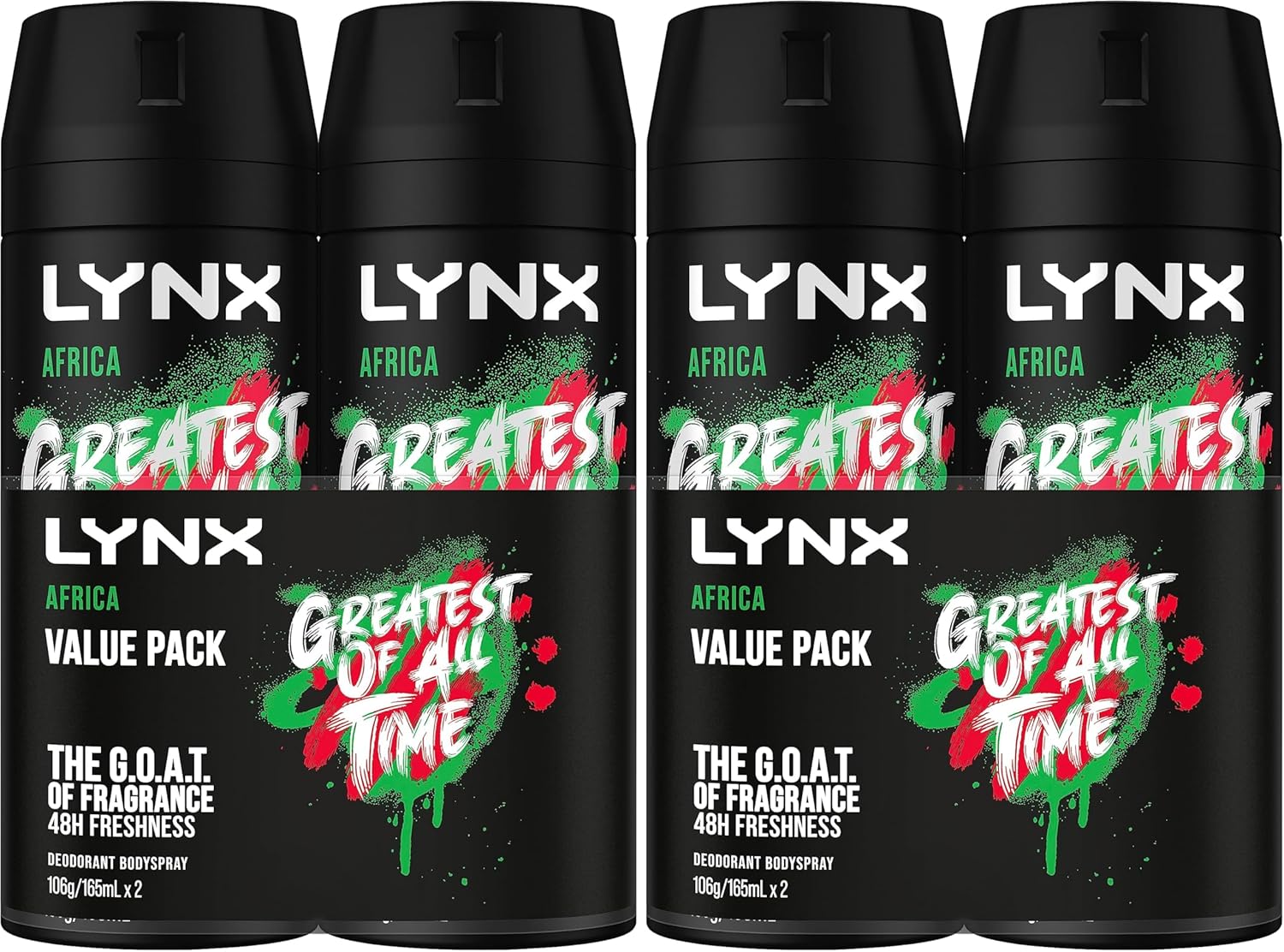 LYNX Africa Deodorant Aerosol Body Spray for Men 165 ML x 4 Pack, 48 hour Fressness, the G.O.A.T. of fragrance