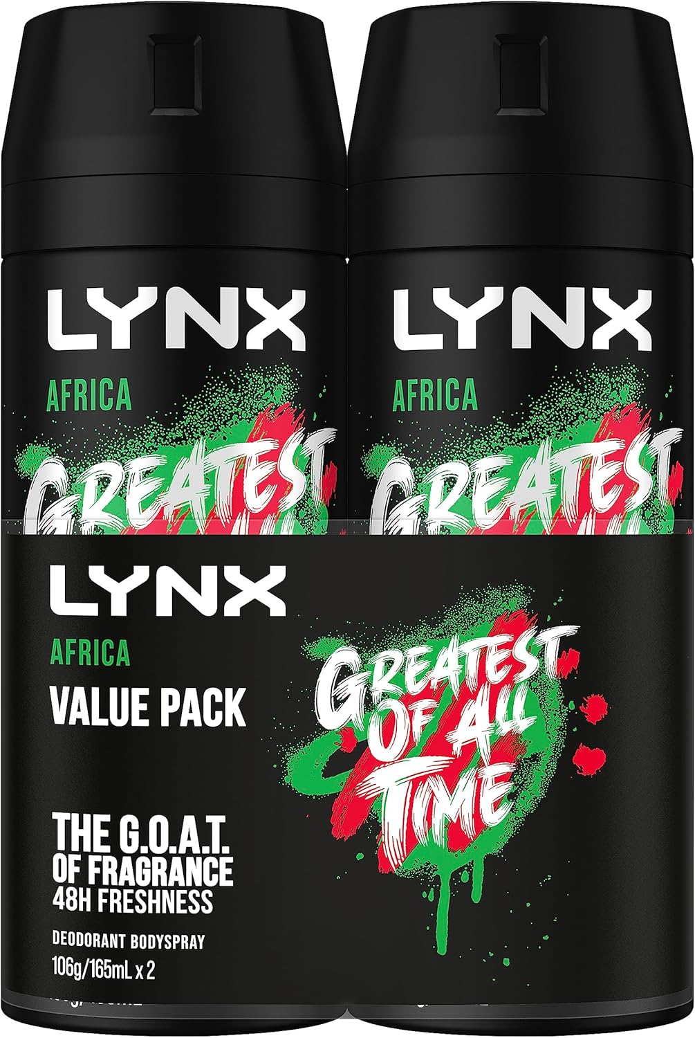 LYNX Africa Deodorant Aerosol Body Spray for Men 165 ML x 4 Pack, 48 hour Fressness, the G.O.A.T. of fragrance
