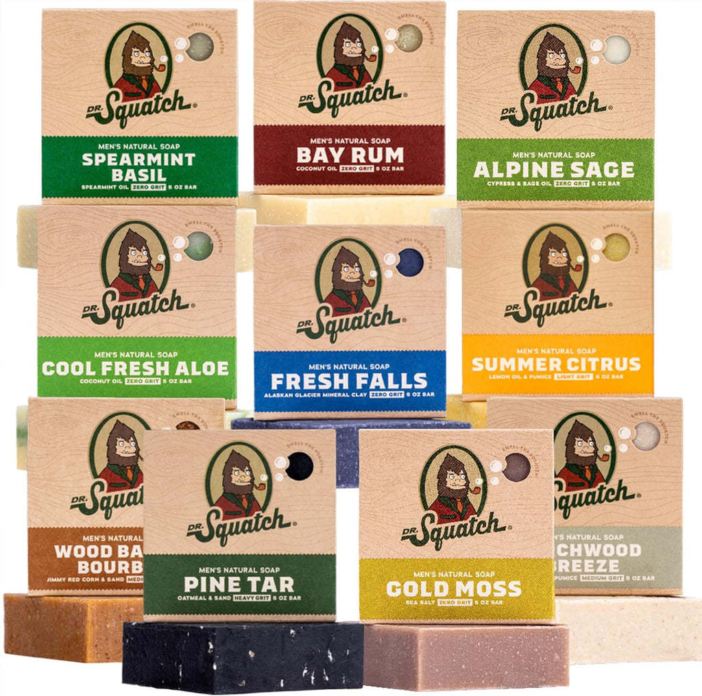 Dr. Squatch Natural Men’s Bar Soap Gift Set - Cold Process Body Soap Bar with Natural Oils - Variety Pack Gifts for Men - Cool Fresh Aloe, Pine Tar, Wood Barrel Bourbon & others (142g, 10 pack)